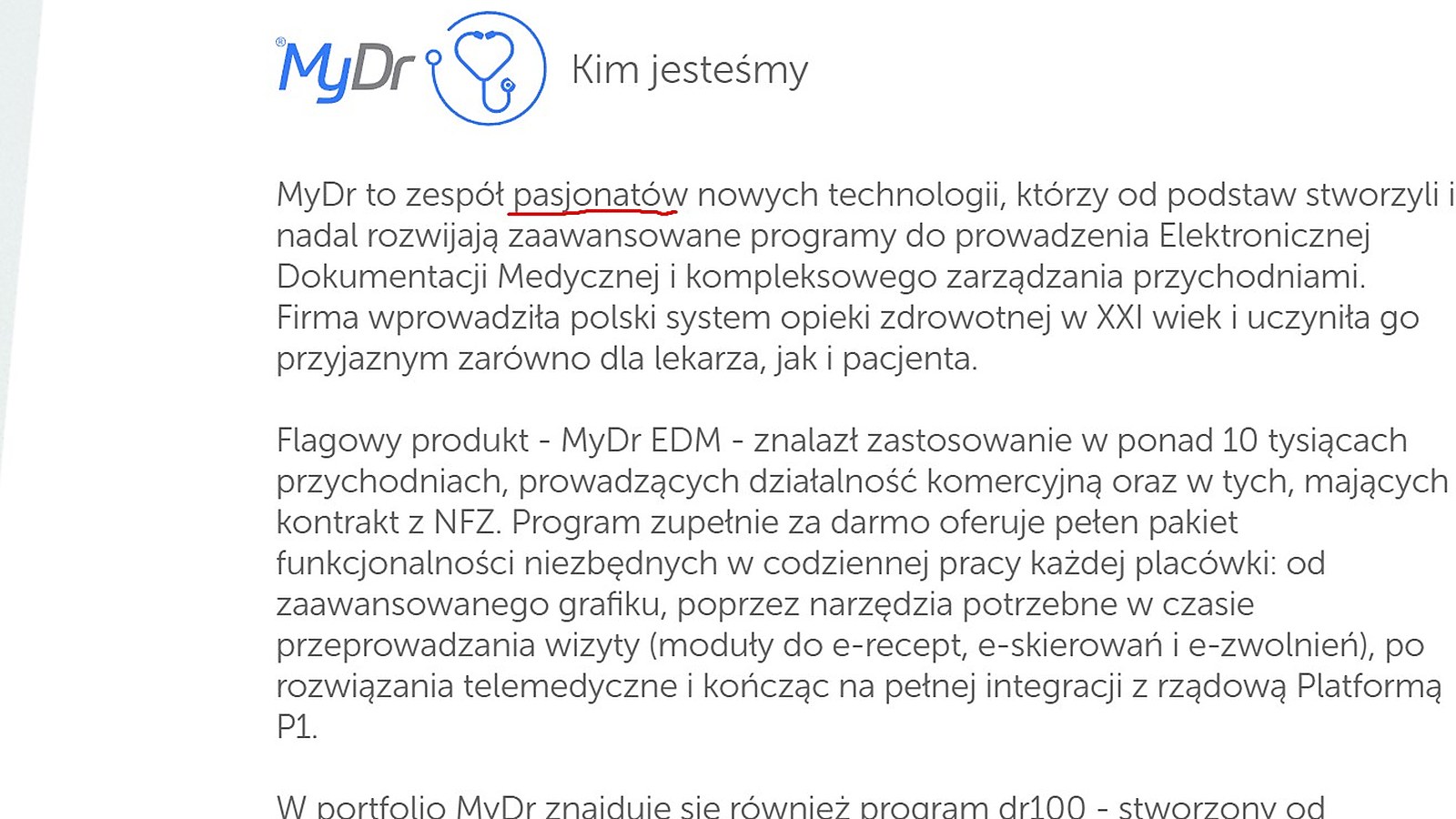 Strona MyDr z opisem firmy jako zespołu pasjonatów nowych technologii i integracji z Platformą P1