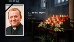 o. Janusz Dyrek CSsR (1972–2026) – portret zmarłego redemptorysty w żałobnej oprawie graficznej wygenerowanej przez AI