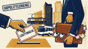 Dłoń wrzuca legitymację partyjną do skrzynki, obok teczka z banknotami; ilustracja AI o odpolitycznieniu spółek miejskich