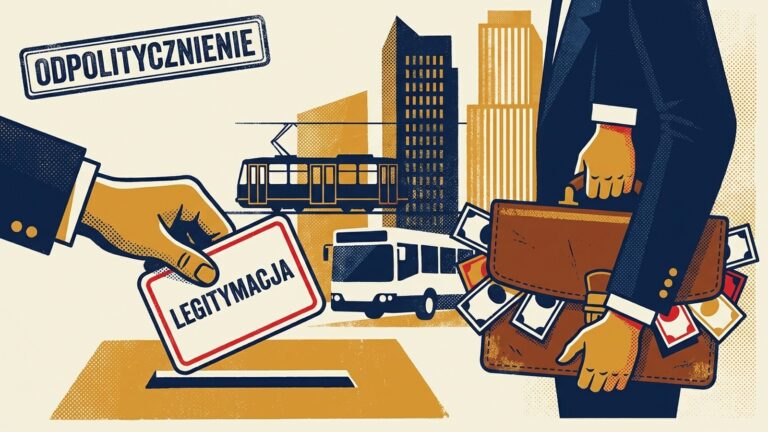 Dłoń wrzuca legitymację partyjną do skrzynki, obok teczka z banknotami; ilustracja AI o odpolitycznieniu spółek miejskich