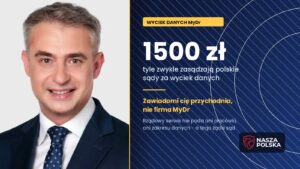 Krzysztof Gawkowski obok grafiki z kwotą 1500 zł zasądzaną przez sądy za wyciek danych osobowych