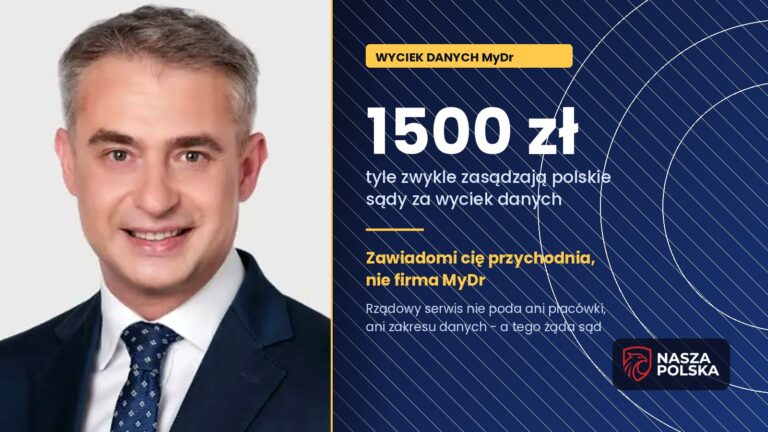 Krzysztof Gawkowski obok grafiki z kwotą 1500 zł zasądzaną przez sądy za wyciek danych osobowych