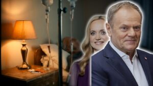 Opieka paliatywna: chory pod kroplówkami w hospicjum, obok Donald Tusk i Jolanta Sobierańska-Grenda