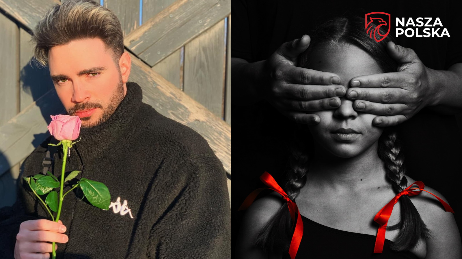 Pandora Gate: Stuart Alexander Kluz-Burton z różą i dziewczynka, której dorosłe dłonie zasłaniają oczy