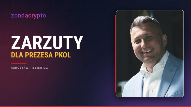 Portret prezesa Polskiego Komitetu Olimpijskiego obok napisu Zarzuty dla prezesa PKOl i nazwy giełdy Zondacrypto