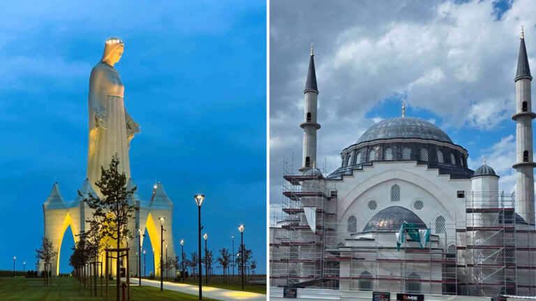 Podświetlony nocą pomnik Matki Boskiej w Konotopiu obok budowanego meczetu Eyyub Sultan w Strasburgu