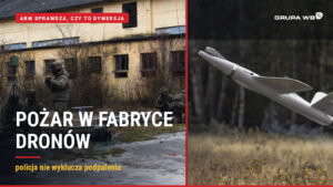 Kolaż: żołnierze przy zestawie bezzałogowca oraz startujący dron rozpoznawczy, obok napis o pożarze w fabryce dronów