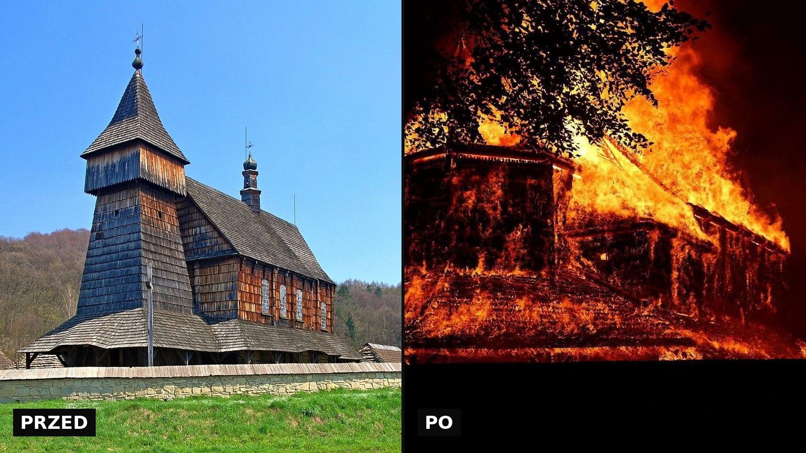 Pożar w skansenie w Sanoku - drewniany kościół św. Mikołaja przed nocą 16 sierpnia i ten sam kościół w płomieniach