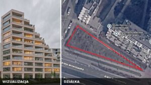 Wizualizacja budynku i zdjęcie lotnicze trójkątnej działki inwestycji Prolandu na Mokotowie