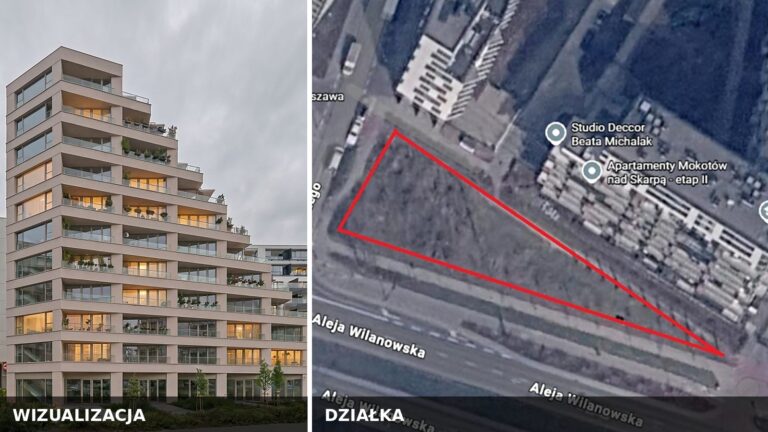 Wizualizacja budynku i zdjęcie lotnicze trójkątnej działki inwestycji Prolandu na Mokotowie