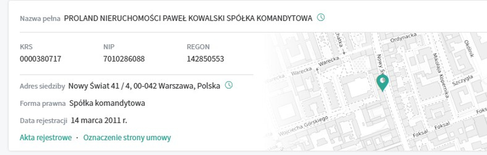Wpis spółki Proland Nieruchomości Paweł Kowalski w rejestrze z numerami KRS, NIP i REGON oraz adresem siedziby