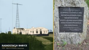 Radiostacja Babice: wieża antenowa i budynek nadawczy na zdjęciu z 1939 roku obok pomnika z tablicą
