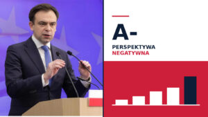 Andrzej Domański przy mównicy z flagą Polski, obok plansza z ratingiem Polski A- i słupkami rosnącego długu