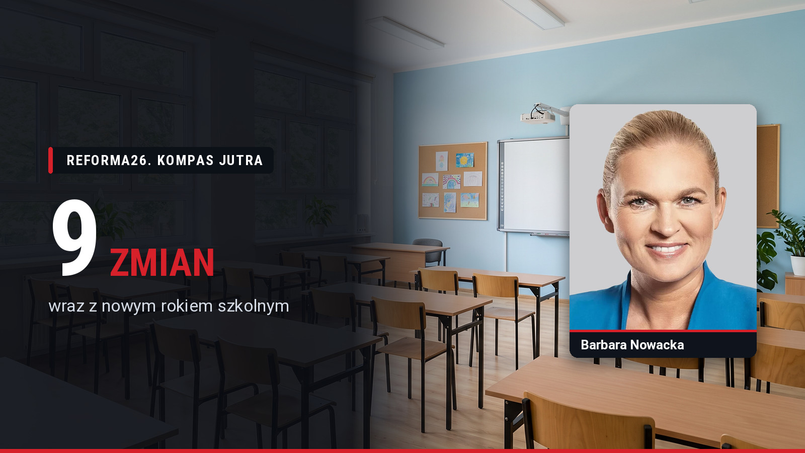 Pusta sala lekcyjna z tablicą interaktywną, obok portret Barbary Nowackiej i informacja o dziewięciu zmianach w szkołach