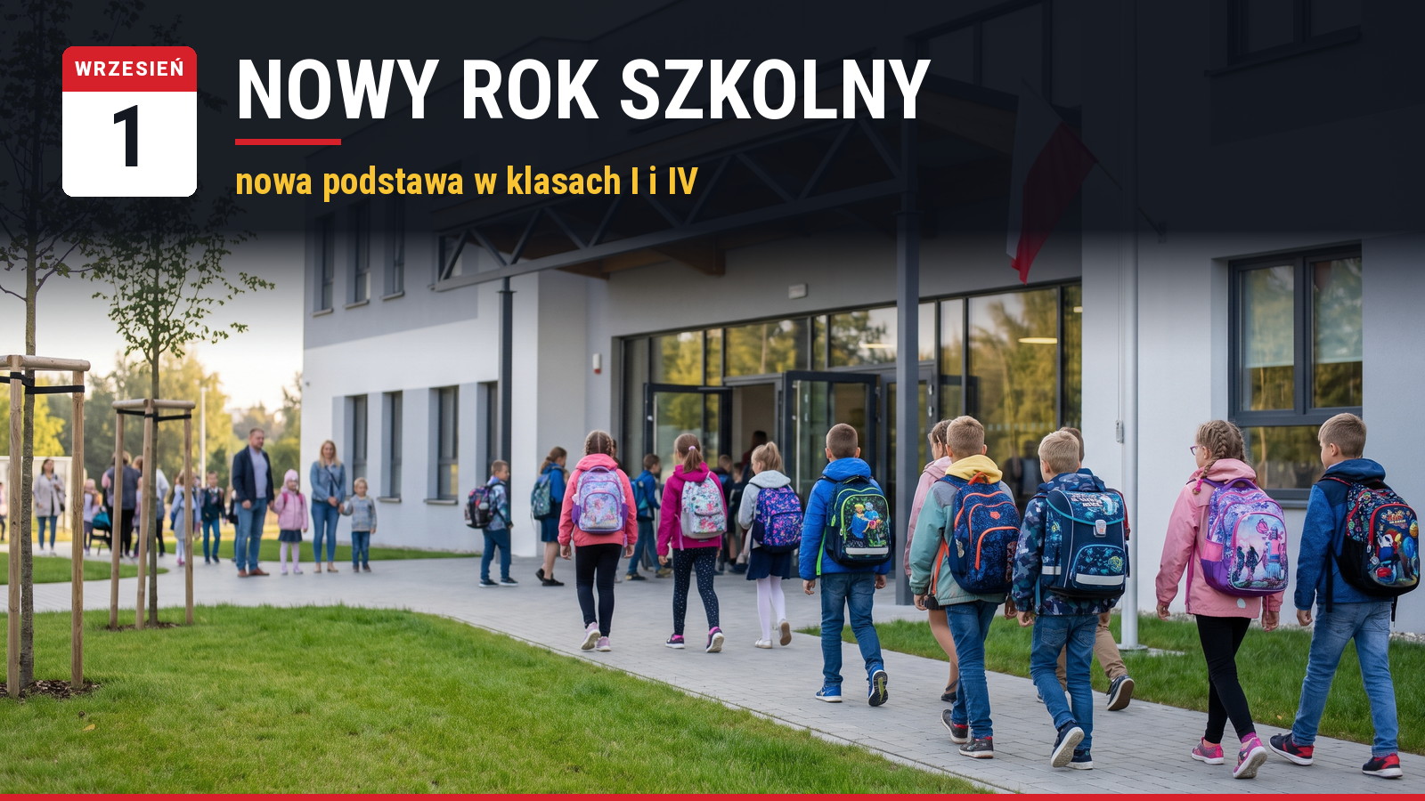 Dzieci z plecakami idą do nowoczesnej szkoły podstawowej z polską flagą przy wejściu