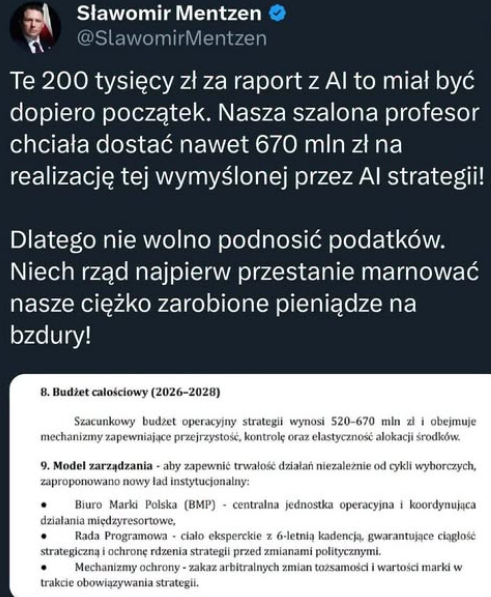 Wpis Slawomira Mentzena w serwisie X o 670 mln zl