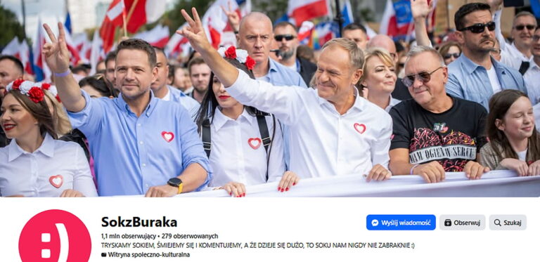 Nagłówek profilu Sok z Buraka na Facebooku: zdjęcie w tle z marszu z Trzaskowskim i Tuskiem, poniżej nazwa strony i 1,1 mln obserwujących