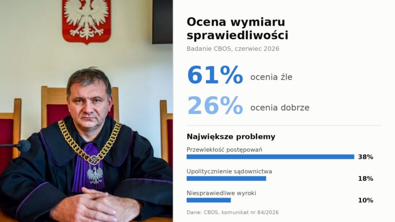Waldemar Żurek w todze sędziowskiej obok wyników sondażu: 61 proc. ocenia wymiar sprawiedliwości źle