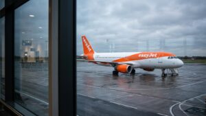 Samolot EasyJet stoi na płycie lotniska widziany przez szybę terminala w dniu strajku i odwołanych lotów