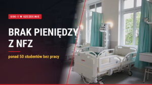 Pusta sala szpitalna z łóżkami i zielonymi parawanami, obok napis Brak pieniędzy z NFZ
