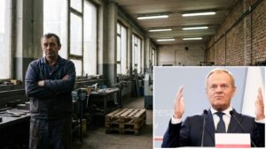 Upadłości firm w Polsce: przedsiębiorca w hali produkcyjnej, obok zdjęcie premiera Donalda Tuska podczas konferencji prasowej