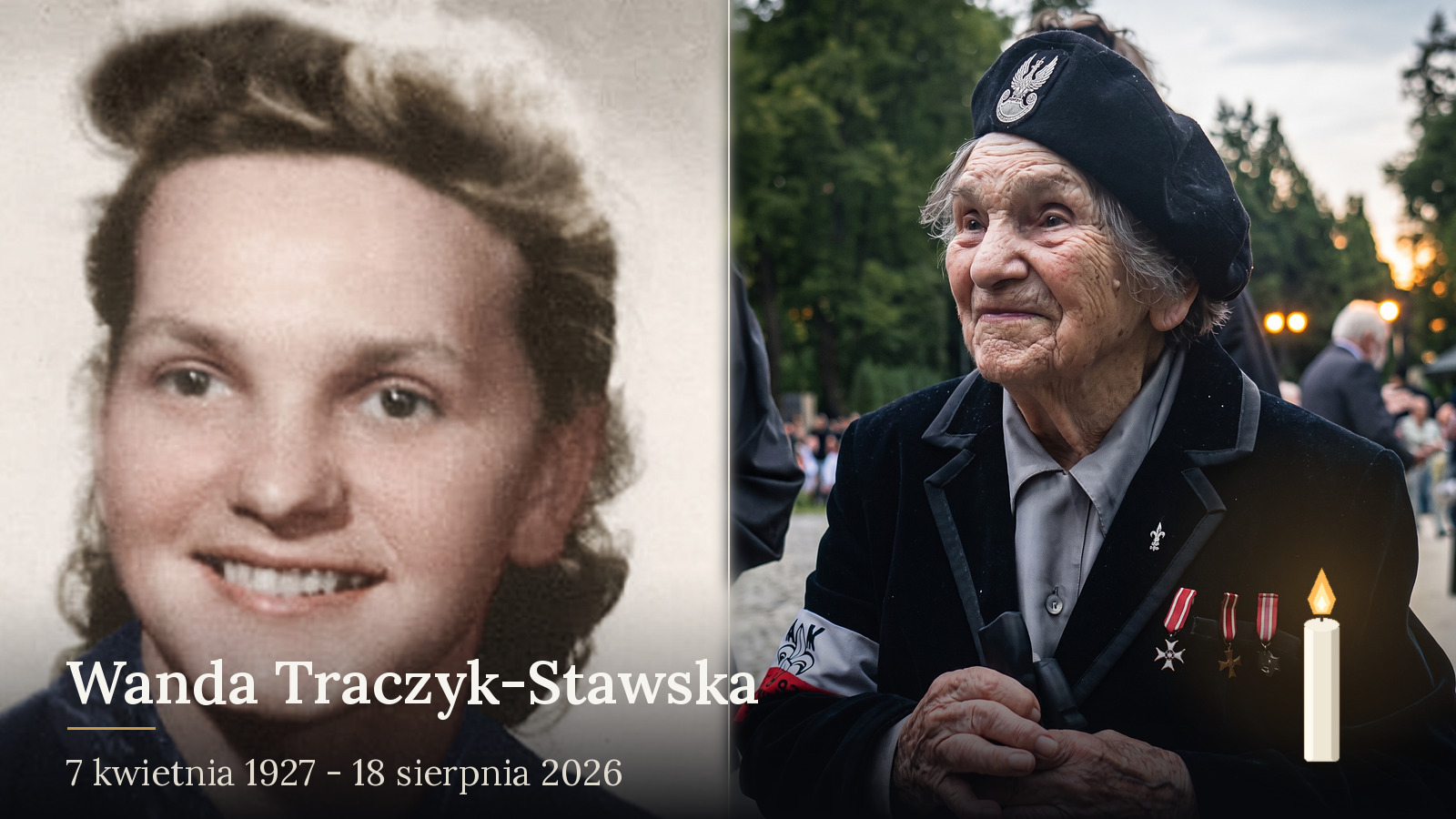 Wanda Traczyk-Stawska jako młoda dziewczyna i jako sędziwa powstanka w berecie z orzełkiem