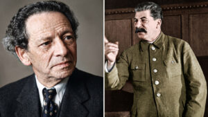 Wolf Messing w garniturze i Józef Stalin przemawiający z uniesioną dłonią, zestawienie dwóch archiwalnych portretów