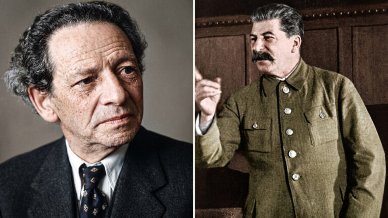 Wolf Messing w garniturze i Józef Stalin przemawiający z uniesioną dłonią, zestawienie dwóch archiwalnych portretów