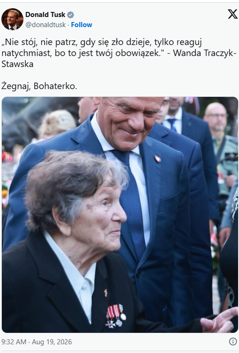Zrzut wpisu Donalda Tuska w serwisie X ze słowami Wandy Traczyk-Stawskiej i pożegnaniem