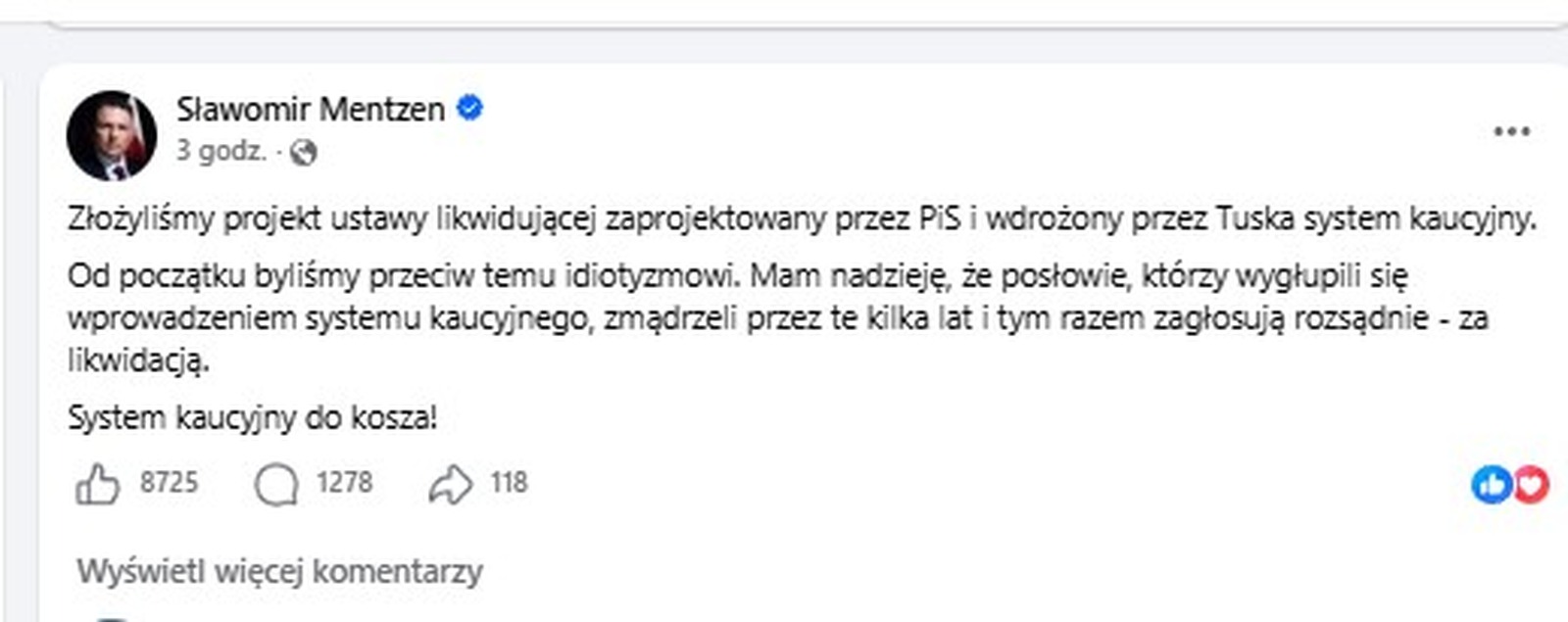 Zrzut wpisu Sławomira Mentzena na Facebooku, pod postem 8725 reakcji i 1278 komentarzy