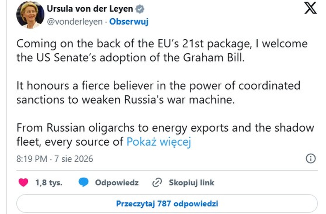 Zrzut wpisu Ursuli von der Leyen w serwisie X o 21. pakiecie sankcji Unii Europejskiej wobec Rosji