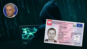 Haker w kapturze przy laptopie, wzór dowodu osobistego MSWiA i wicepremier Krzysztof Gawkowski - wyciek danych z systemu MyDr