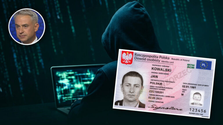 Haker w kapturze przy laptopie, wzór dowodu osobistego MSWiA i wicepremier Krzysztof Gawkowski - wyciek danych z systemu MyDr