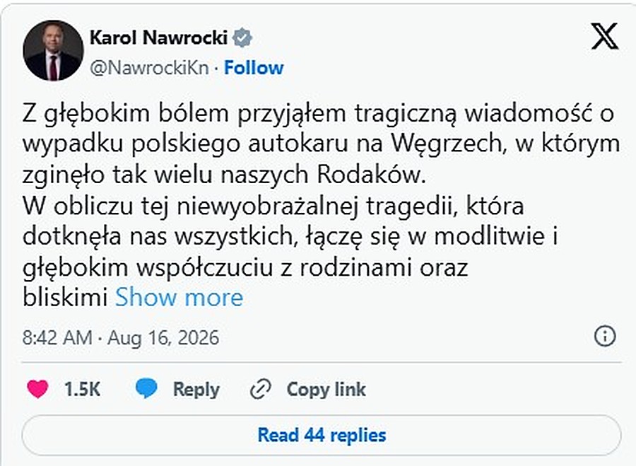 Zrzut ekranu wpisu prezydenta Karola Nawrockiego w serwisie X o wypadku polskiego autokaru na Węgrzech