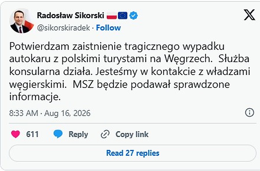 Zrzut ekranu wpisu ministra Radosława Sikorskiego w serwisie X o wypadku polskiego autokaru na Węgrzech