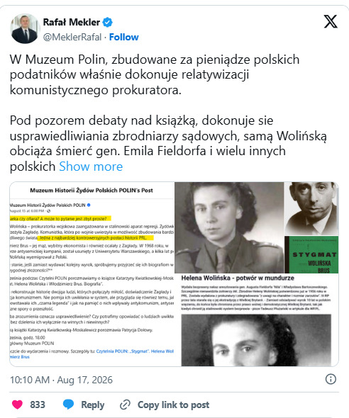 Zrzut wpisu Rafała Meklera o relatywizacji komunistycznego prokuratora w Muzeum POLIN