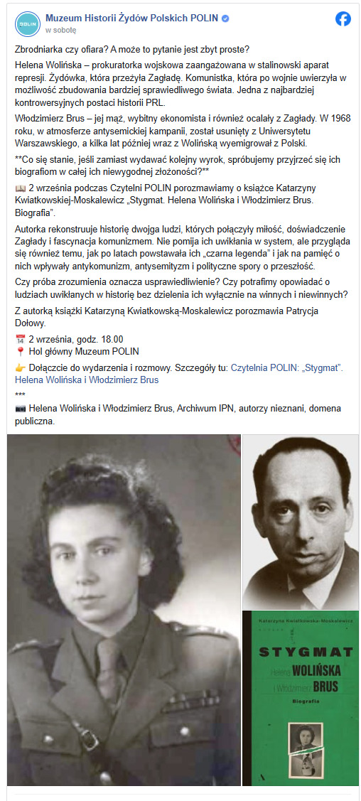 Zrzut wpisu Muzeum Historii Żydów Polskich POLIN z pytaniem zbrodniarka czy ofiara