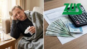 Chory mężczyzna pod kocem na kanapie, obok kalkulator i banknoty złotowe leżące na druku ZUS