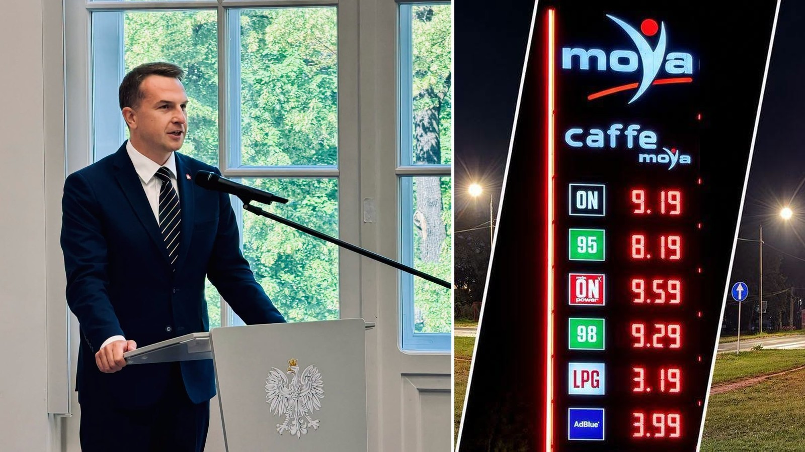 Adam Szłapka przy mównicy z godłem, obok pylon cenowy stacji Moya z ceną 9,19 zł za olej napędowy