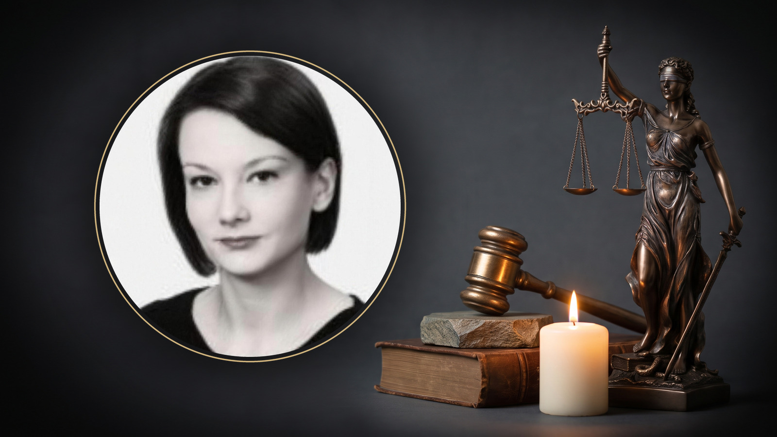 Adw. Agnieszka Janus w owalnym medalionie obok figury Temidy, młotka sędziowskiego i zapalonej świecy