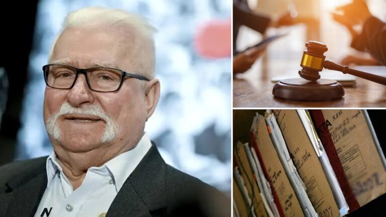 Lech Wałęsa, scenka z sali sądowej, teczki sb - kolaż