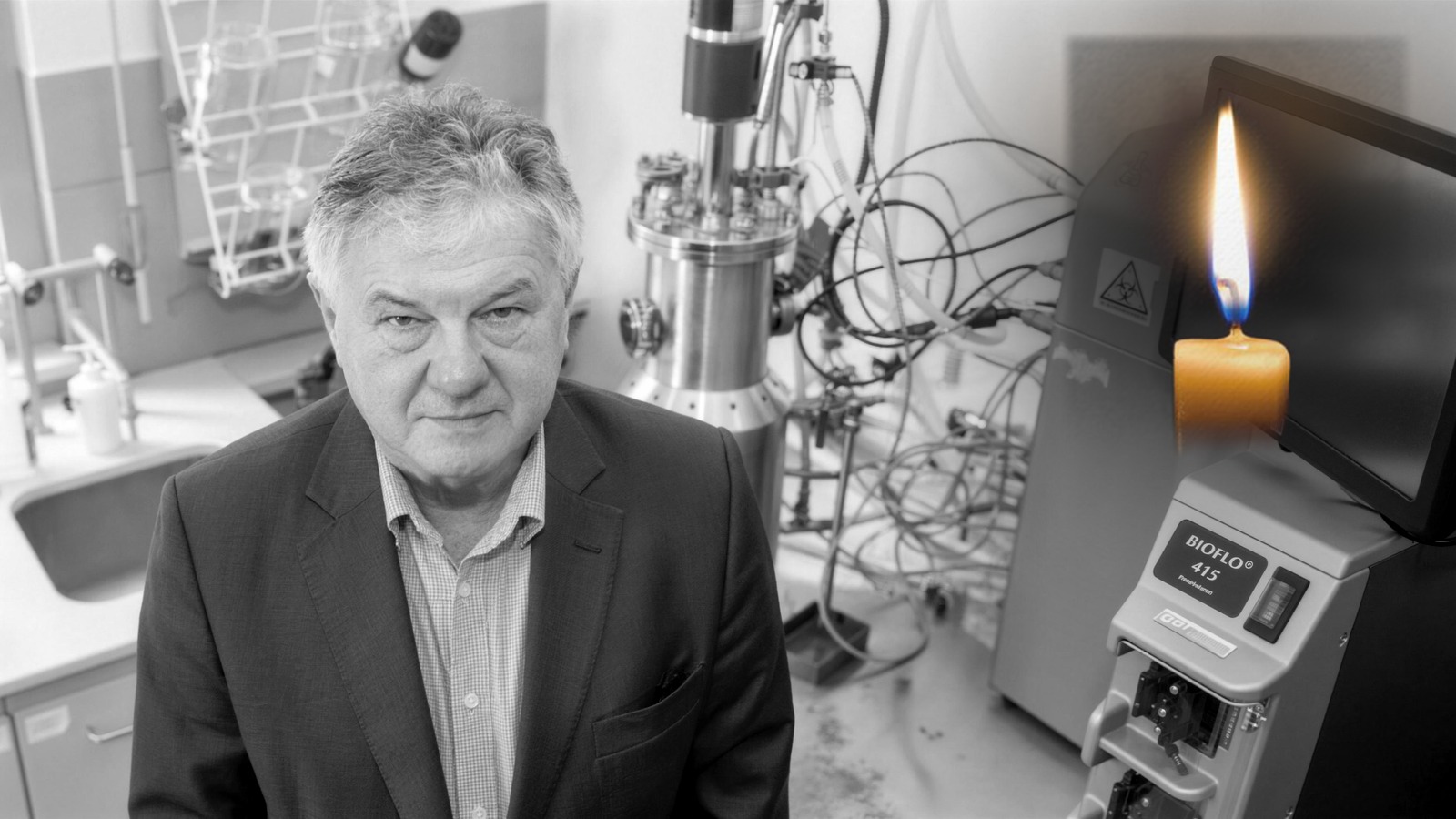 Profesor Andrzej Mackiewicz w laboratorium biotechnologicznym, po prawej stronie pali się świeca, kadr czarno-biały