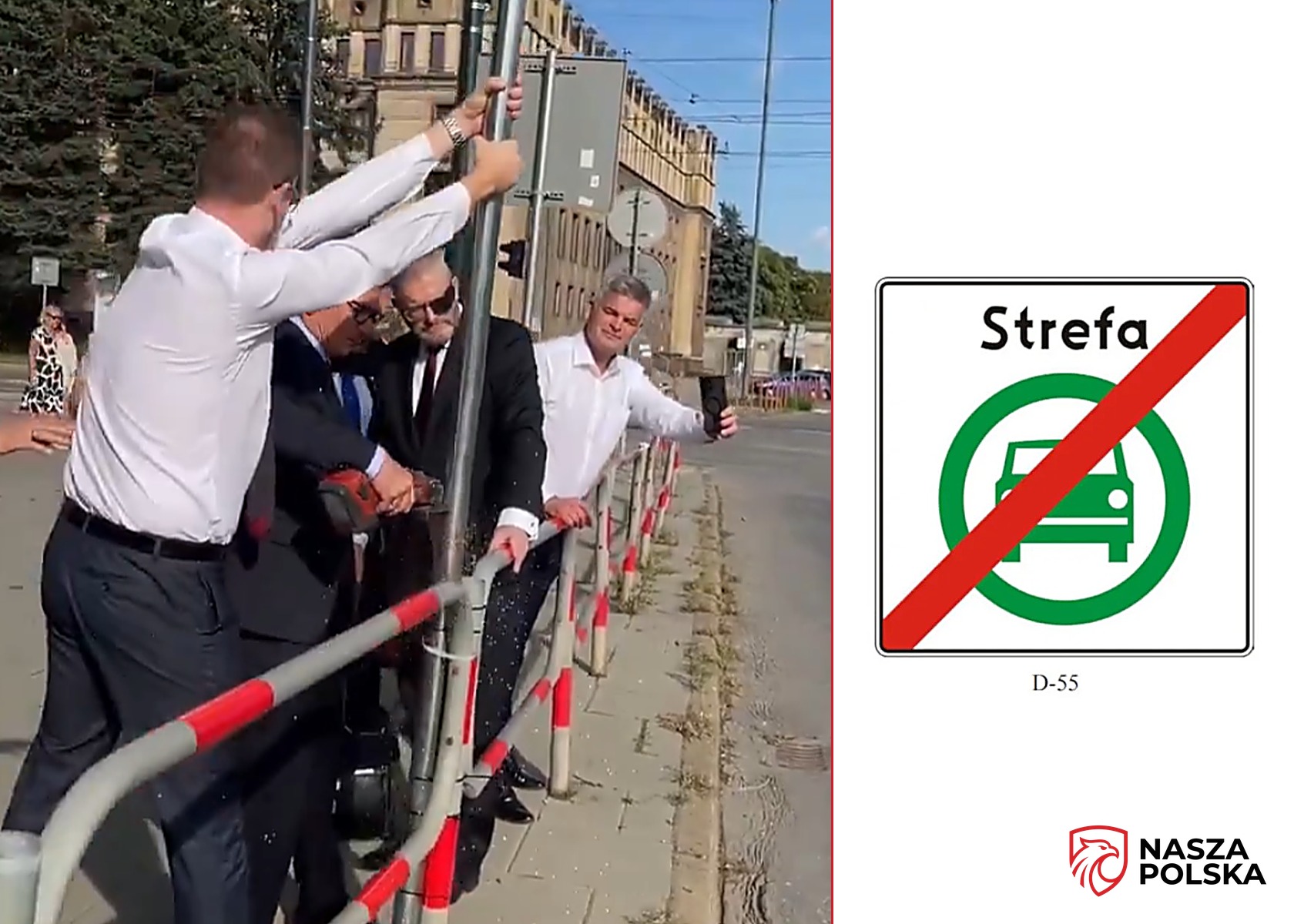 Grzegorz Braun i Michał Klimek ścinają piłą znak Strefy Czystego Transportu w Krakowie, po prawej przekreślony znak SCT i logo Naszej Polski