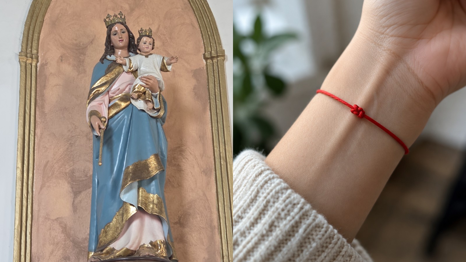 Po lewej figura Matki Bożej Królowej, po prawej czerwona nić zawiązana na nadgarstku