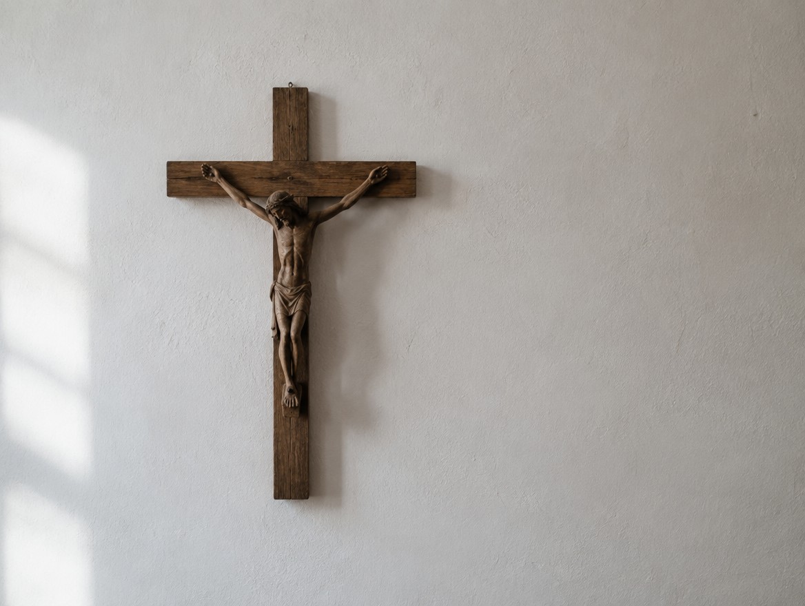 Prosty drewniany krzyżyk zawieszony na jasnej ścianie domu, znak wiary bez zabobonu