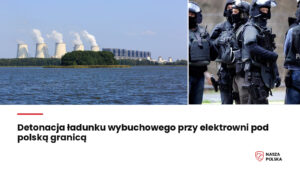 Chłodnie kominowe elektrowni Jänschwalde nad jeziorem obok uzbrojonych niemieckich policjantów