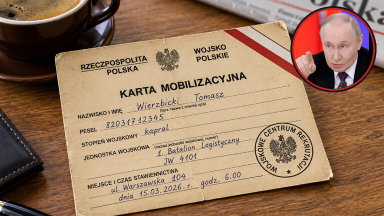 Fałszywa polska karta mobilizacyjna dla kaprala Tomasza Wierzbickiego leżąca na biurku, obok portret Władimira Putina