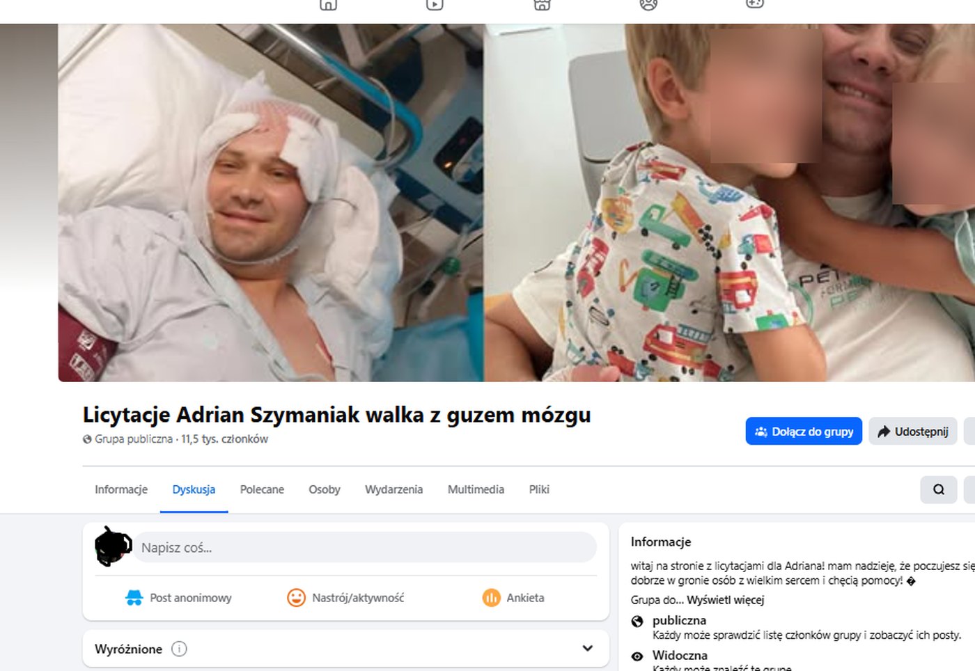 Nagłówek grupy Licytacje Adrian Szymaniak walka z guzem mózgu na Facebooku ze zdjęciem w tle i liczbą członków