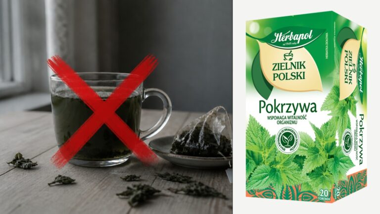 Przekreślony czerwonym krzyżem kubek naparu z pokrzywy obok kartonika herbatki Zielnik Polski Herbapolu