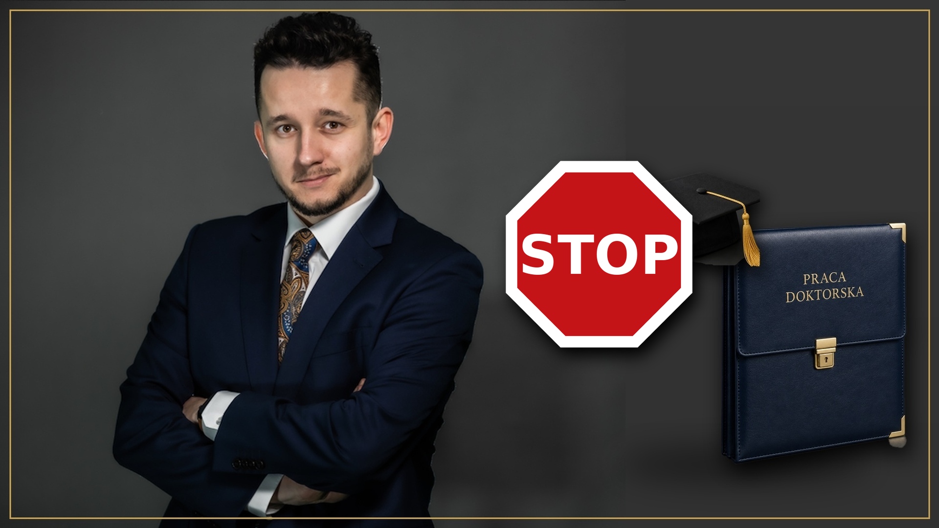 Grafika przedstawia Jakuba Wiecha, obok biret akademicki oraz teczka i czerwony znak "STOP"